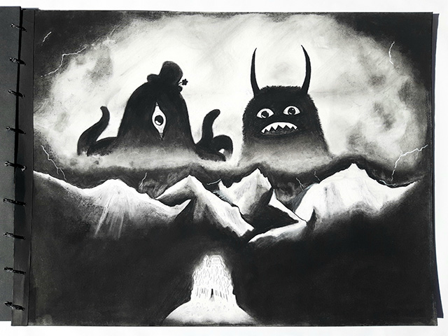 black and white monsters in sky